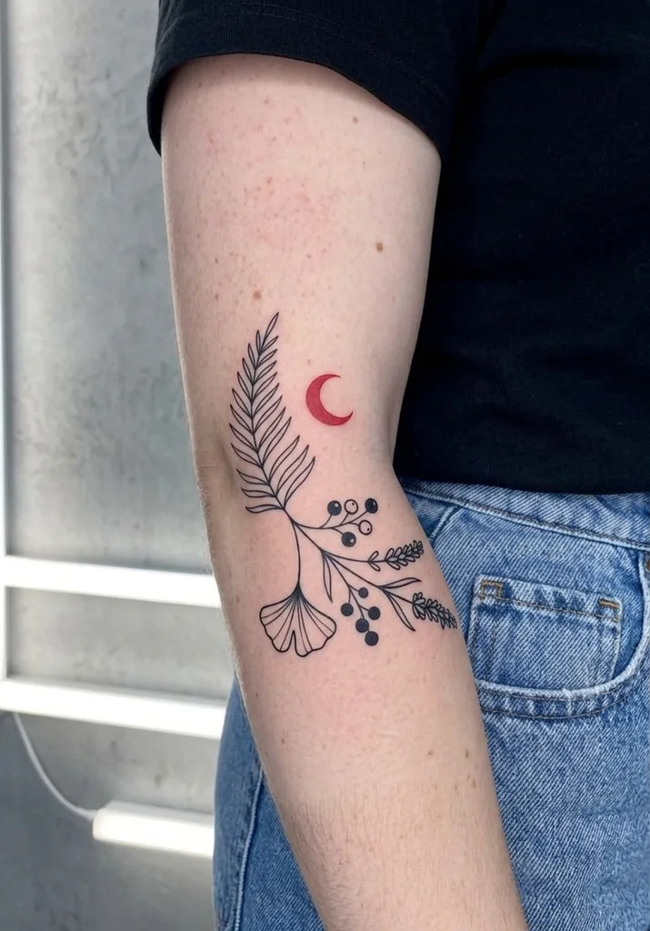 Moon tattoo design for women, minimalist style, on the upper arm, with a red crescent moon and black line work plants