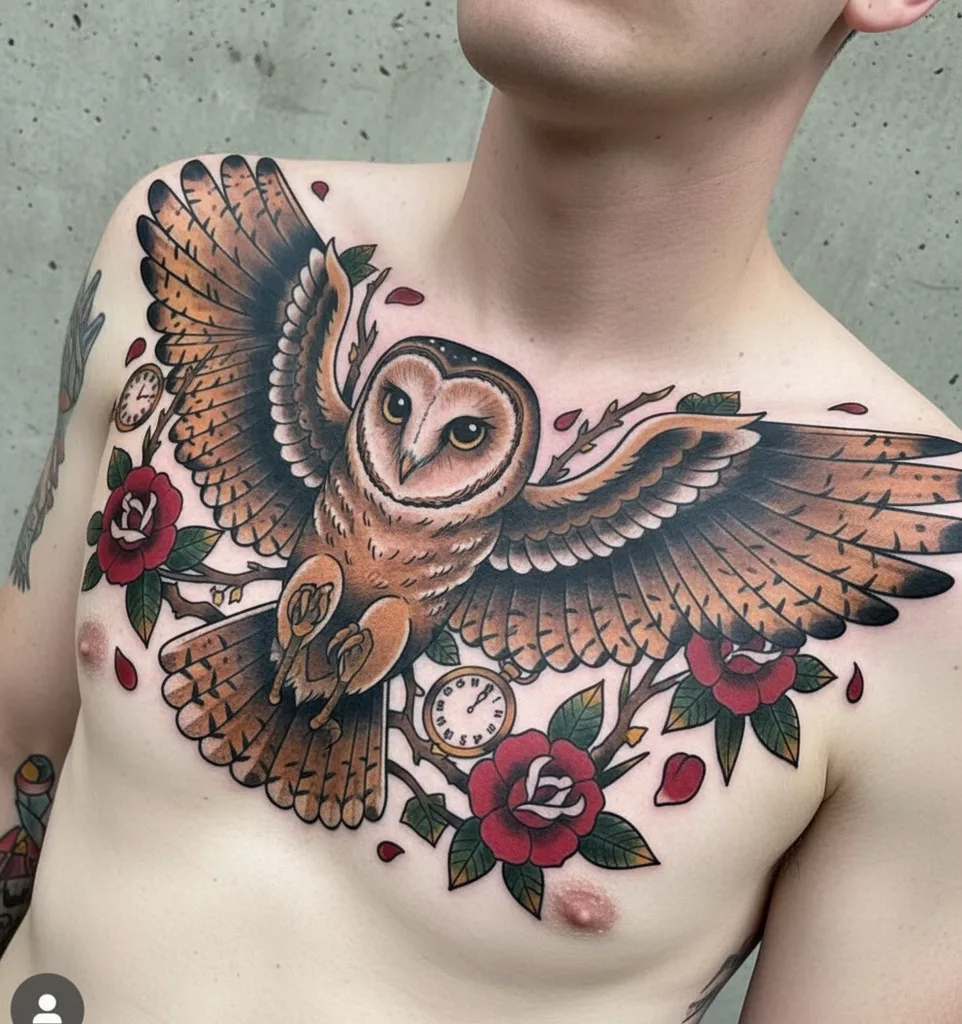 neo-traditional-chest-men-owl-07a Owl tattoo design for men, neo-traditional style, on the full chest, with outstretched wings, surrounded by red roses, branches, and pocket watches