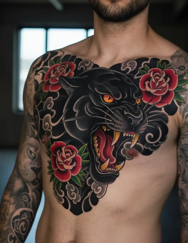 neo-traditional-chest-men-panther-08a Panther tattoo design for men, neo-traditional style, on the full chest, with roses and clouds bursting from the chest