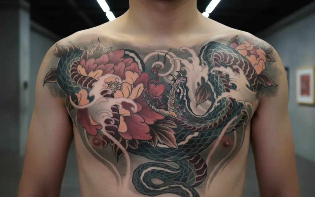 neo-traditional-chest-men-snake-05a Snake tattoo design for men, neo-traditional style, on the full chest, with large peonies and waves in full color, spread across the chest