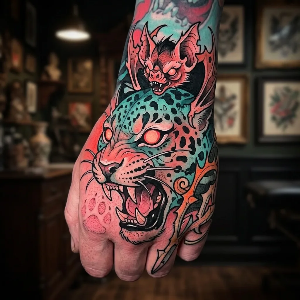 Jaguar head tattoo design for men, neo-traditional style, on the hand, in vibrant colors with glowing red eyes, on a dark background