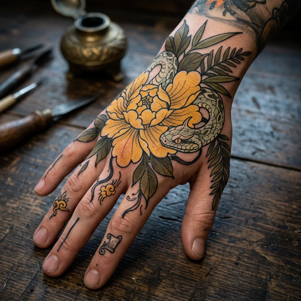 Snake flower tattoo design for men, neo-traditional style, on the hand, with a snake coiled among the petals, in yellow and green tones