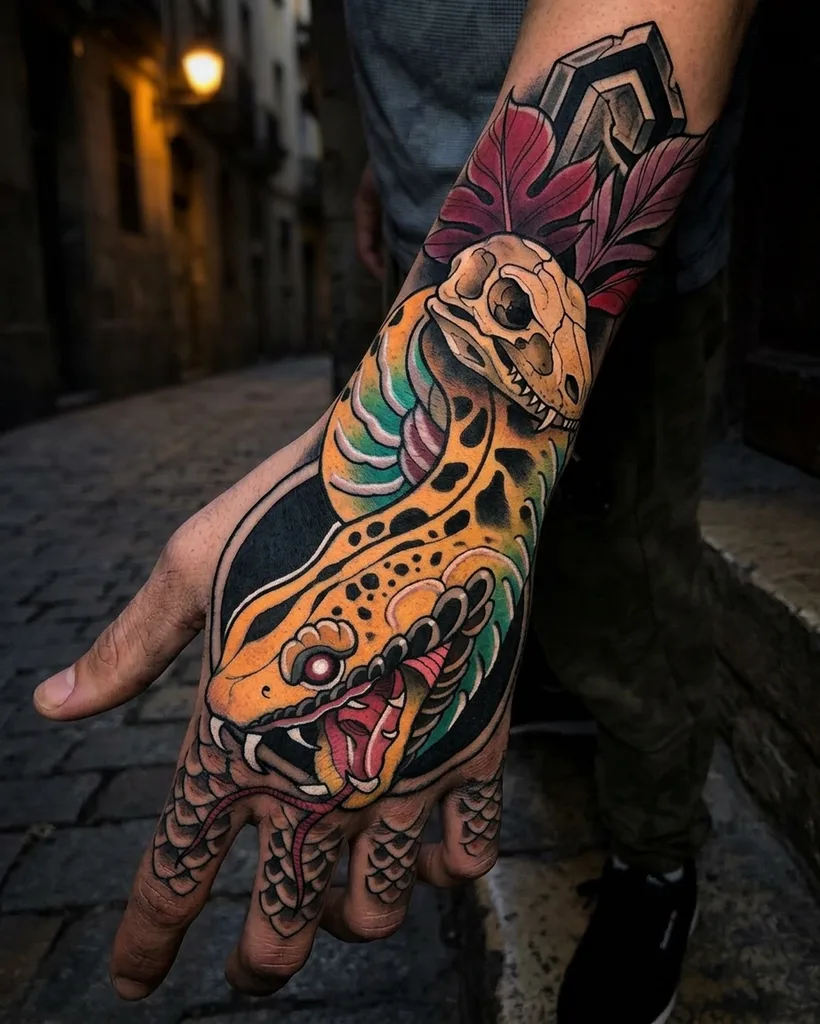 Snake skull tattoo design for men, neo-traditional style, on the hand, coiled around the hand with an open mouth, a skull, and dark red leaves