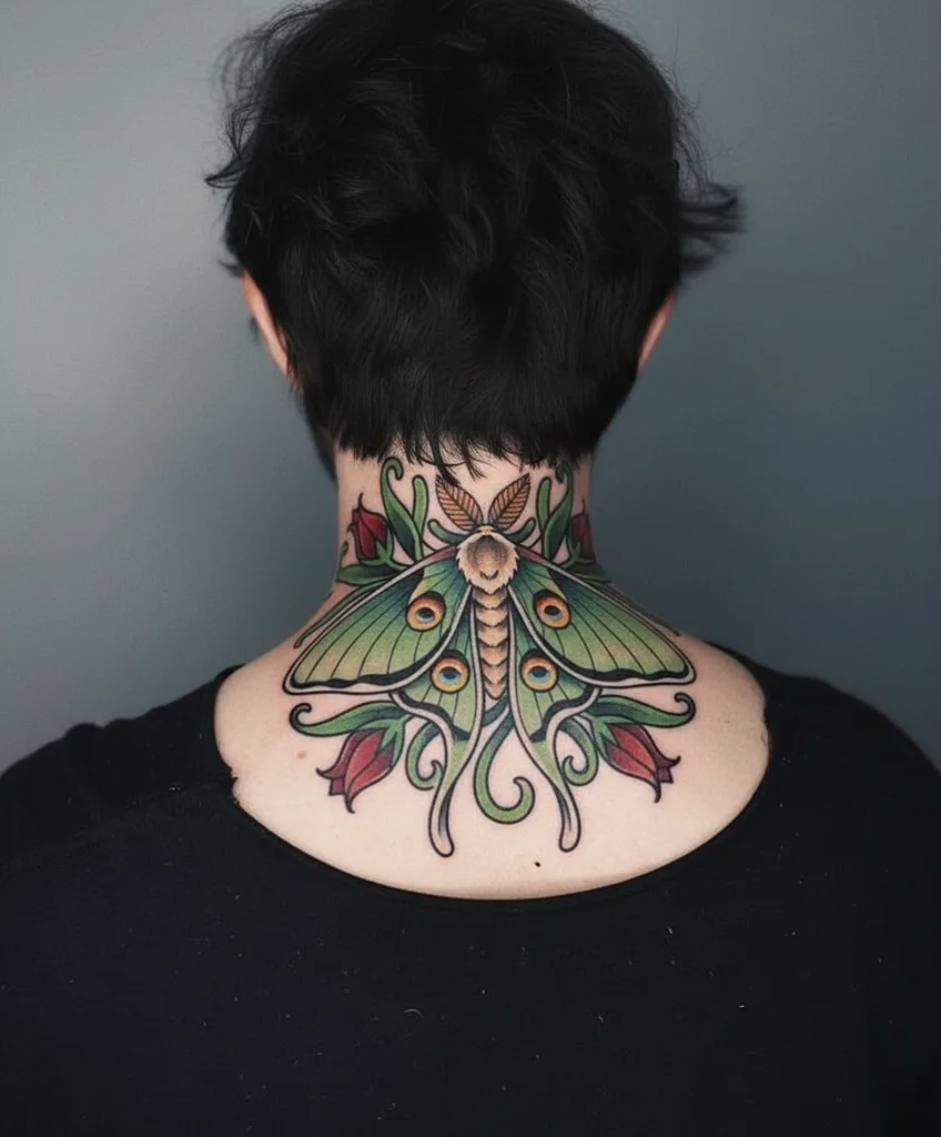 Luna moth tattoo design for men, neo-traditional style, on the neck, in vibrant green and red with ornate floral details