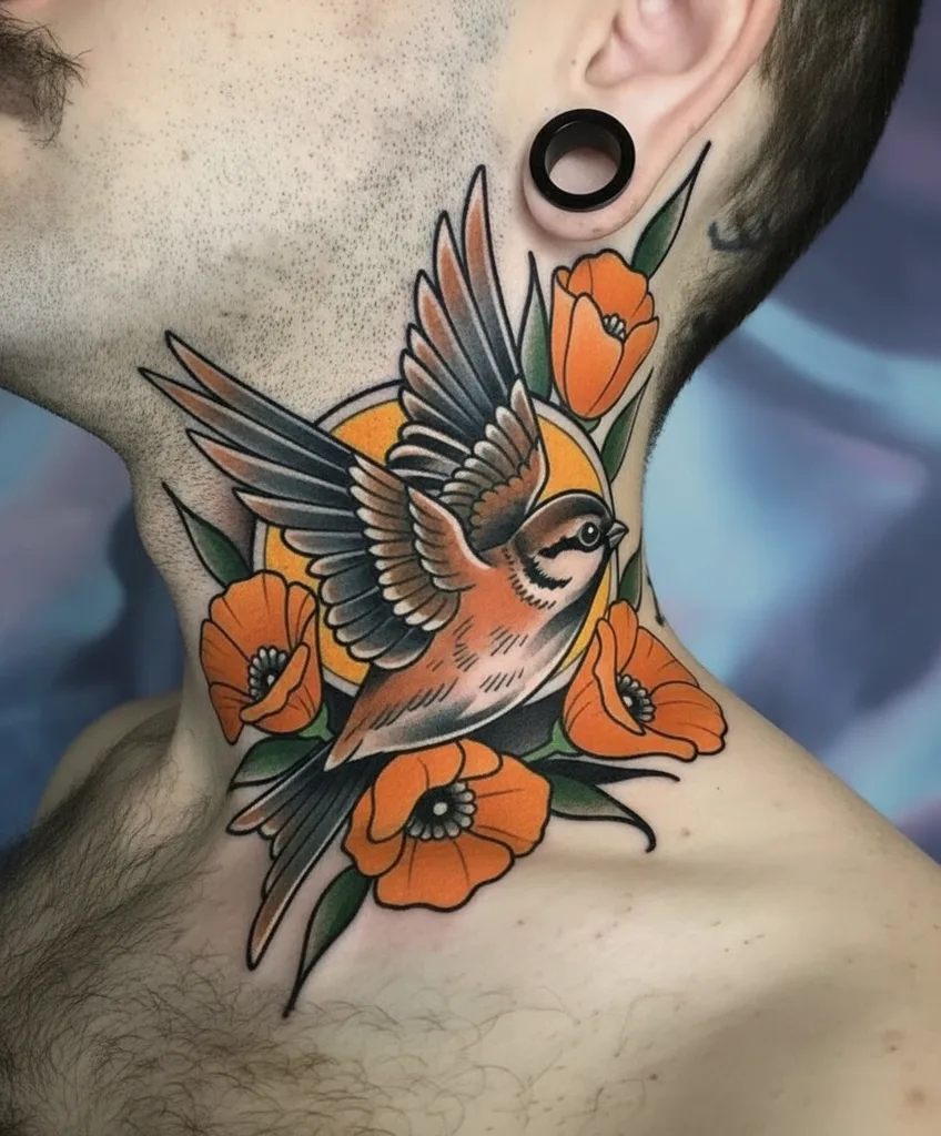 Sparrow tattoo design for men, neo-traditional style, on the neck, flying over orange poppies with a yellow sun in the background