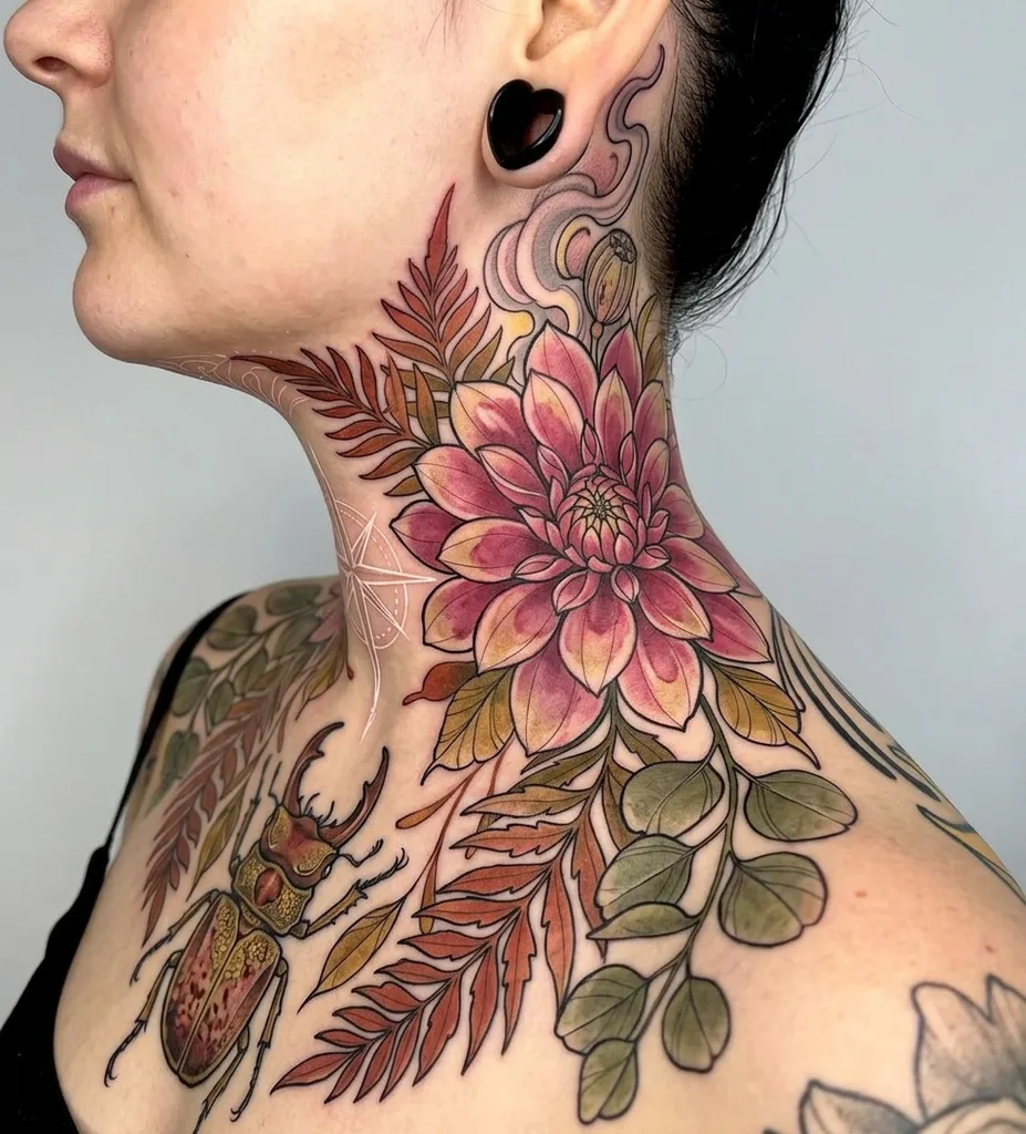Flower tattoo design for women, neo-traditional style, on the neck, with a stag beetle, leaves, and a faint white geometric design along the chin