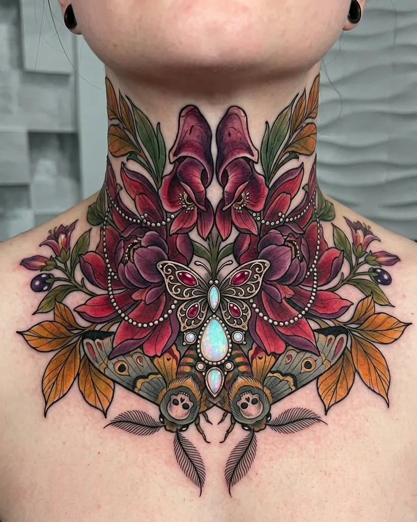 Flowers tattoo design for women, neo-traditional style, on the neck, a symmetrical jewel-encrusted arrangement with moths and leaves