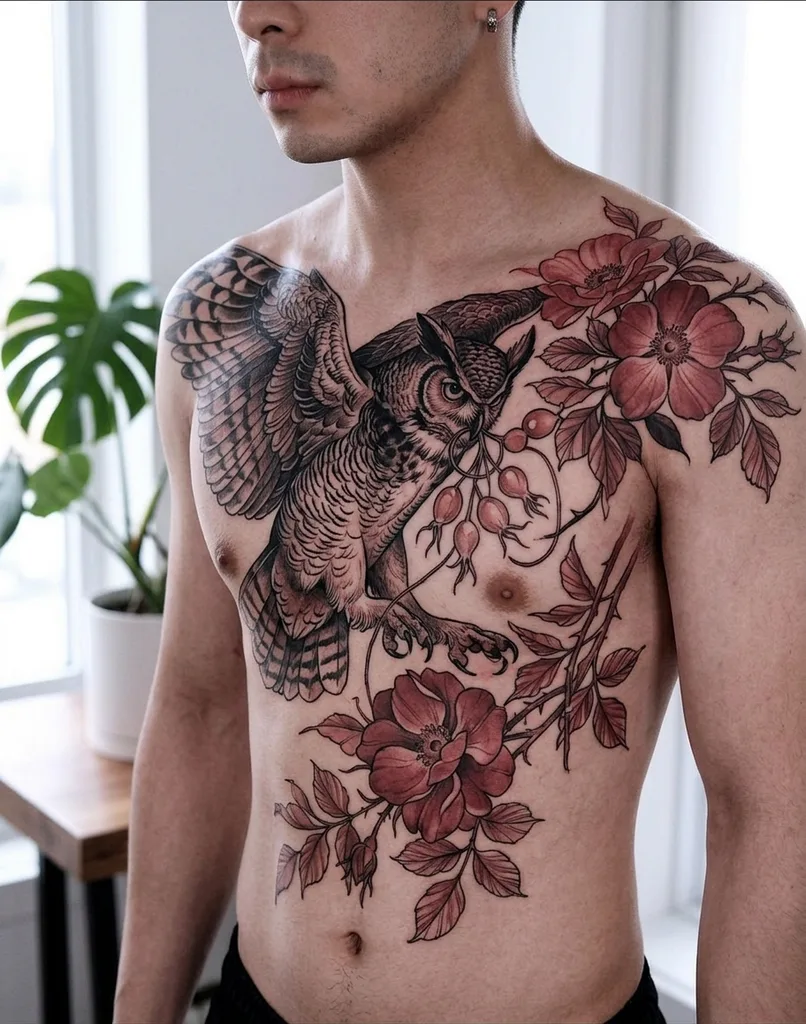 Owl tattoo design for men, neo-traditional style, on the sternum, flying across the chest with red roses and berries