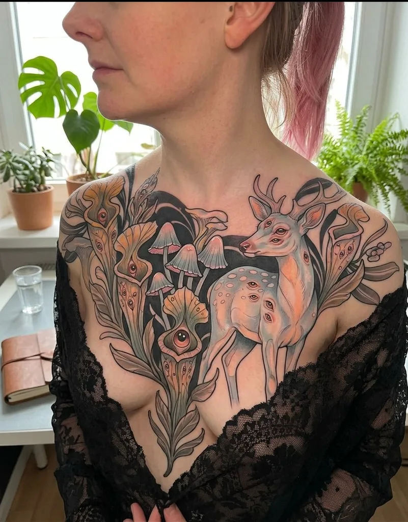 Deer tattoo design for women, neo-traditional style, on the sternum, with multiple eyes, surrounded by pitcher plants and mushrooms