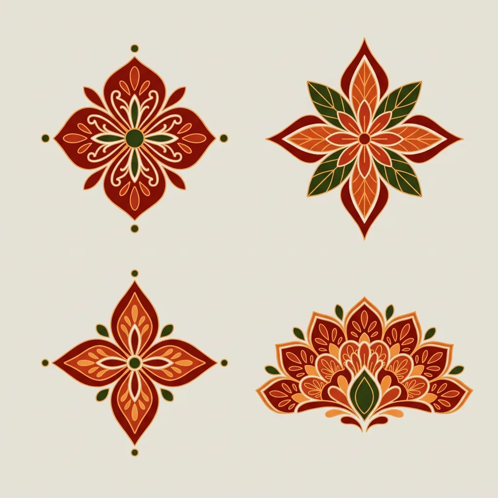 Floral pattern tattoo design, ornamental style, large size for the full chest, full back or sternum, featuring four distinct geometric floral designs in red, orange, and green with golden accents