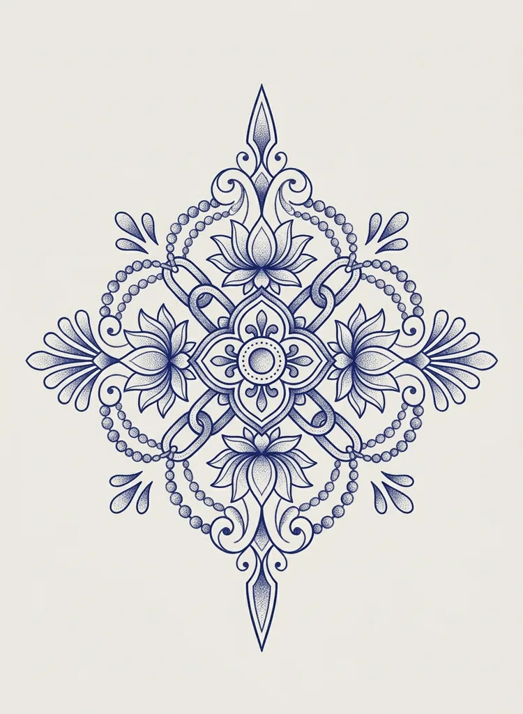 ornamental-large-unisex-lotus-mandala-29a Lotus mandala tattoo design, ornamental style, large size for the sternum, full back or thigh, with beads and filigree, symmetrical in shades of blue