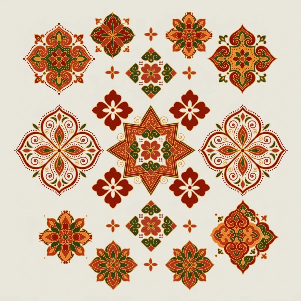 ornamental-large-unisex-ornamental-design-10a Ornamental design tattoo design, ornamental style, large size for the back, chest or thigh, with multiple floral and mandala motifs in shades of red, orange, and green