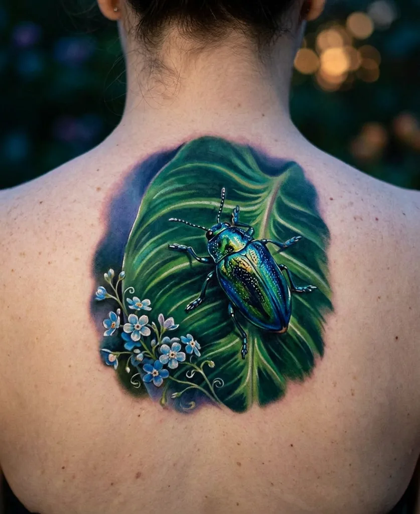 Beetle leaf tattoo design for women, realism style, on the back, a shiny green and blue scarab beetle on a large green leaf, with blue flowers underneath