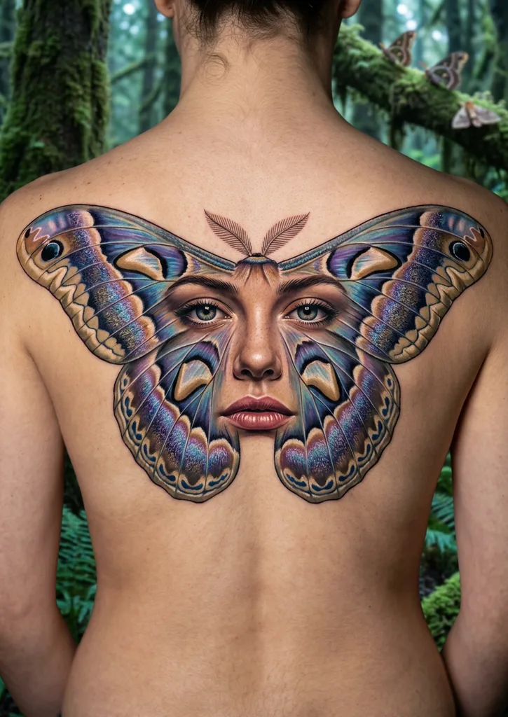 Moth face tattoo design for women, realism style, on the back, with a woman's face incorporated into the body and large colorful wings