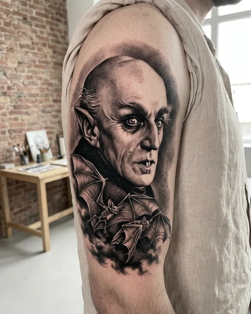Vampire bats tattoo design for men, realism style, on the bicep, with large ears and pointed teeth, with two bats flying below him