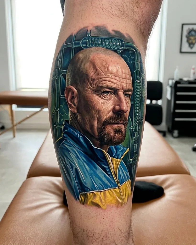 Bald man tattoo design for men, realism style, on the calf, wearing a blue and yellow track jacket, with chemical apparatus in the background