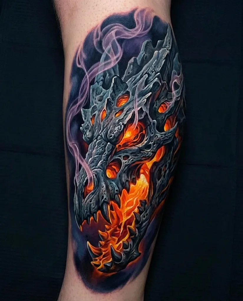 Dragon skull tattoo design for men, realism style, on the calf, with hot coals inside and purple smoke