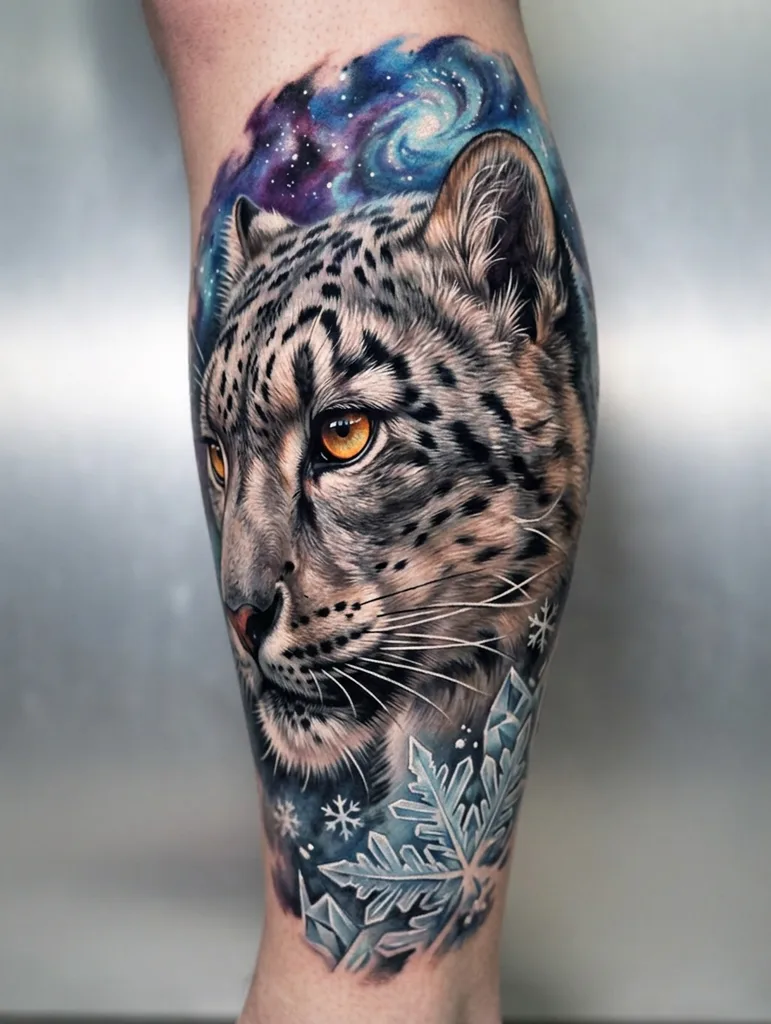 Snow leopard tattoo design for men, realism style, on the calf, with a galaxy background and ice crystals