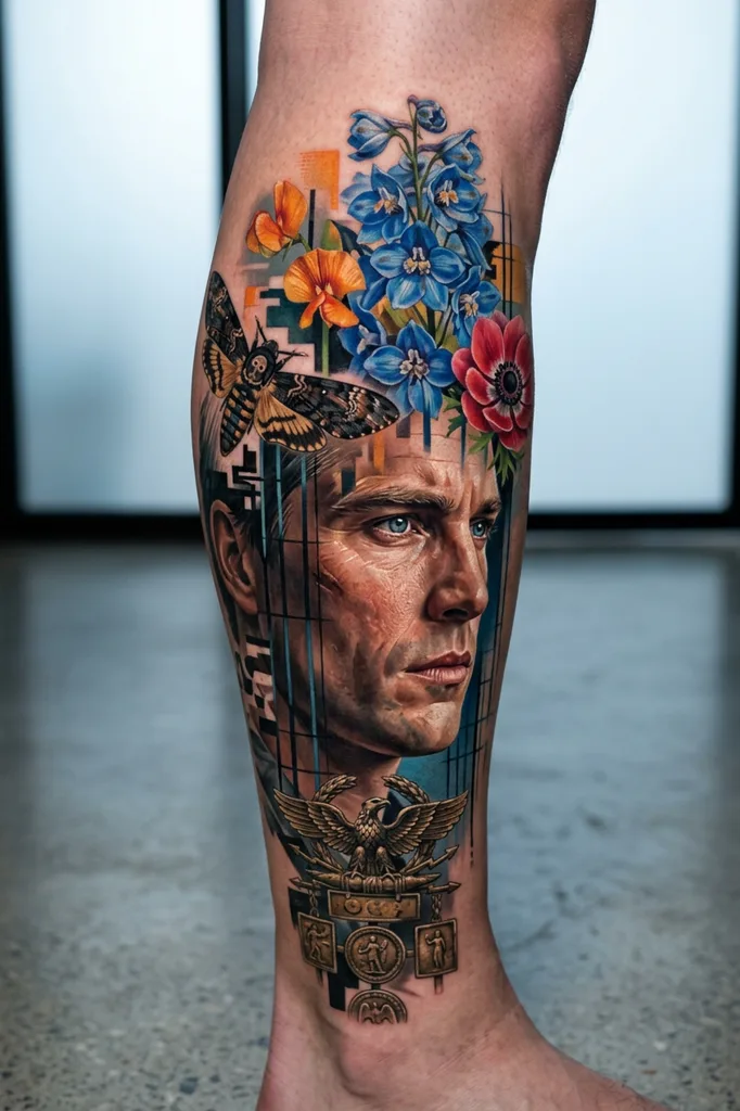 Man flowers tattoo design for women, realism style, on the calf, with a moth, colorful flowers, and roman emblems, set against geometric shapes