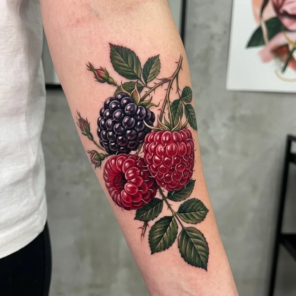 Berries tattoo design for men, realism style, on the forearm, with bright red and black raspberries and blackberries on thorny branches