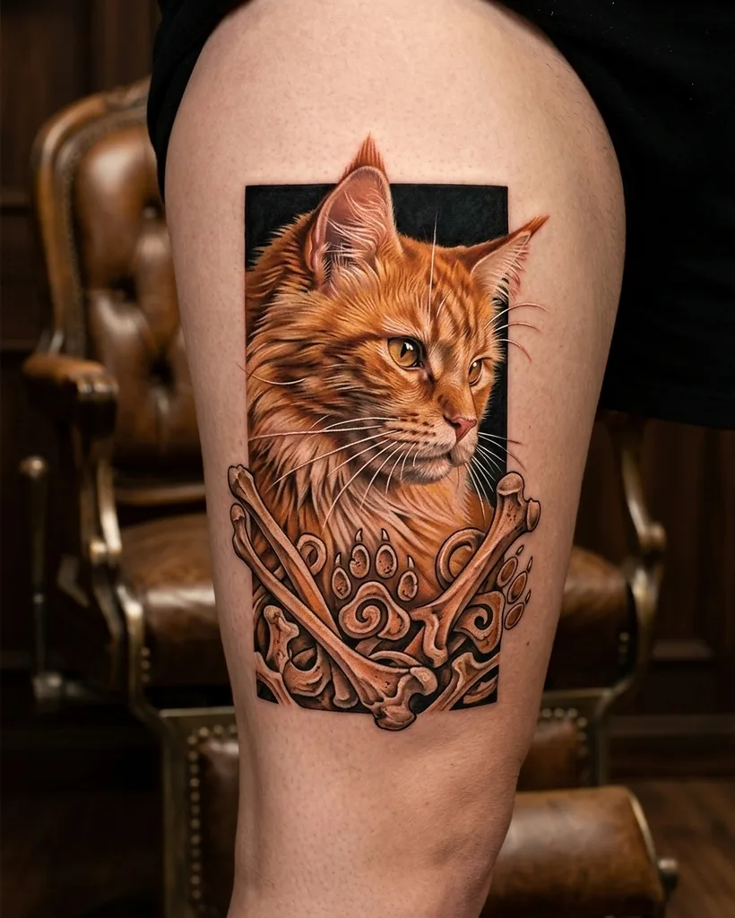 Cat tattoo design for men, realism style, on the forearm, in a rectangular frame with bones and paw prints