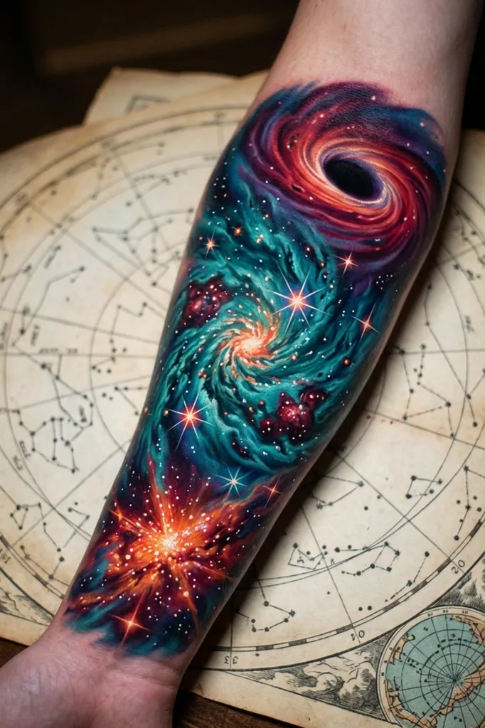 Galaxy tattoo design for men, realism style, on the forearm, with a black hole and swirling nebula in vivid colors