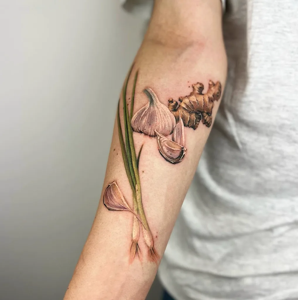 Garlic scallion ginger tattoo design for men, realism style, on the forearm, with spring onion, appearing as fresh produce on the skin