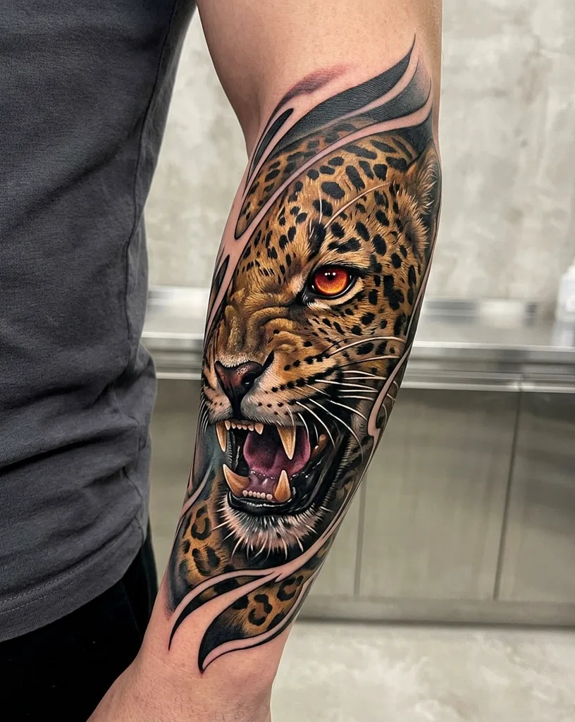 Jaguar tattoo design for men, realism style, on the forearm, roaring with bared fangs, its orange eye glowing, and dark, swirly background elements