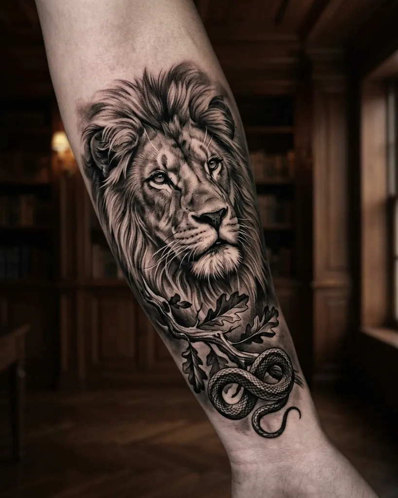 Lion tattoo design for men, realism style, on the forearm, of a majestic lion head, with oak branches and a coiled snake underneath
