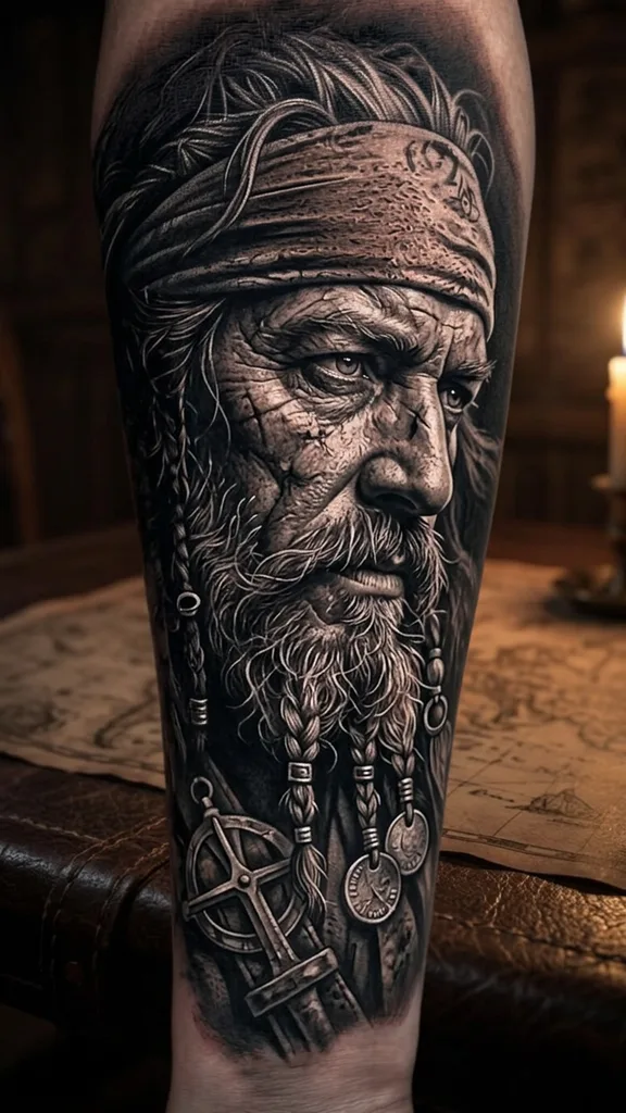 Old man tattoo design for men, realism style, on the forearm, of an aged man with a bandana and braided beard, in detailed black and grey