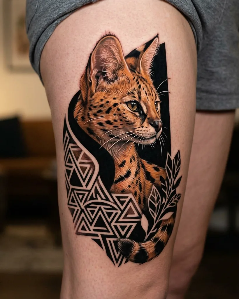 Serval cat tattoo design for men, realism style, on the forearm, in full color, with geometric patterns and leaves