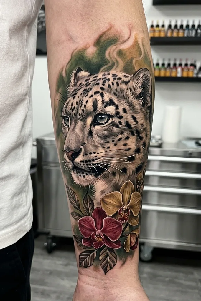 Snow leopard tattoo design for men, realism style, on the forearm, gazing left with striking blue eyes, surrounded by colorful orchids