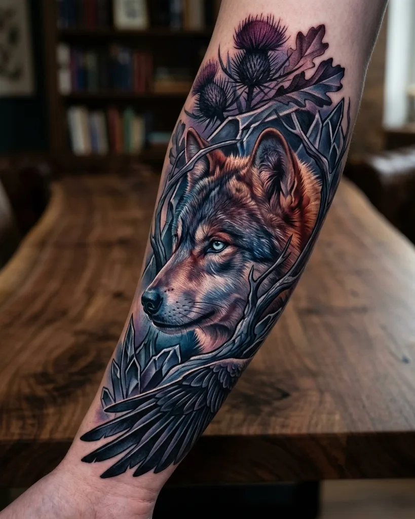 Wolf tattoo design for men, realism style, on the forearm, with bright blue eyes, framed by bare branches, and thistles above a raven wing
