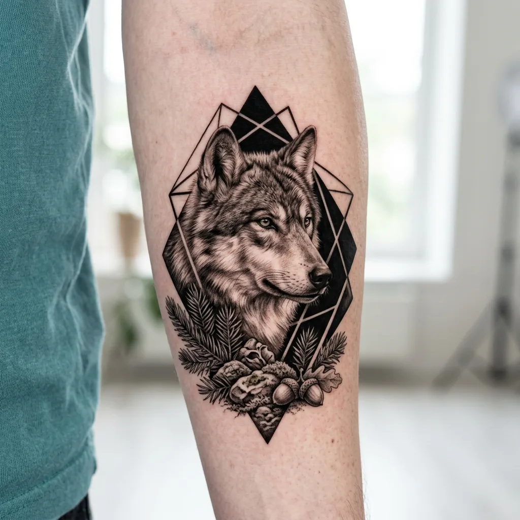 Wolf tattoo design for women, realism style, on the forearm, in a geometric frame with pine branches and acorns