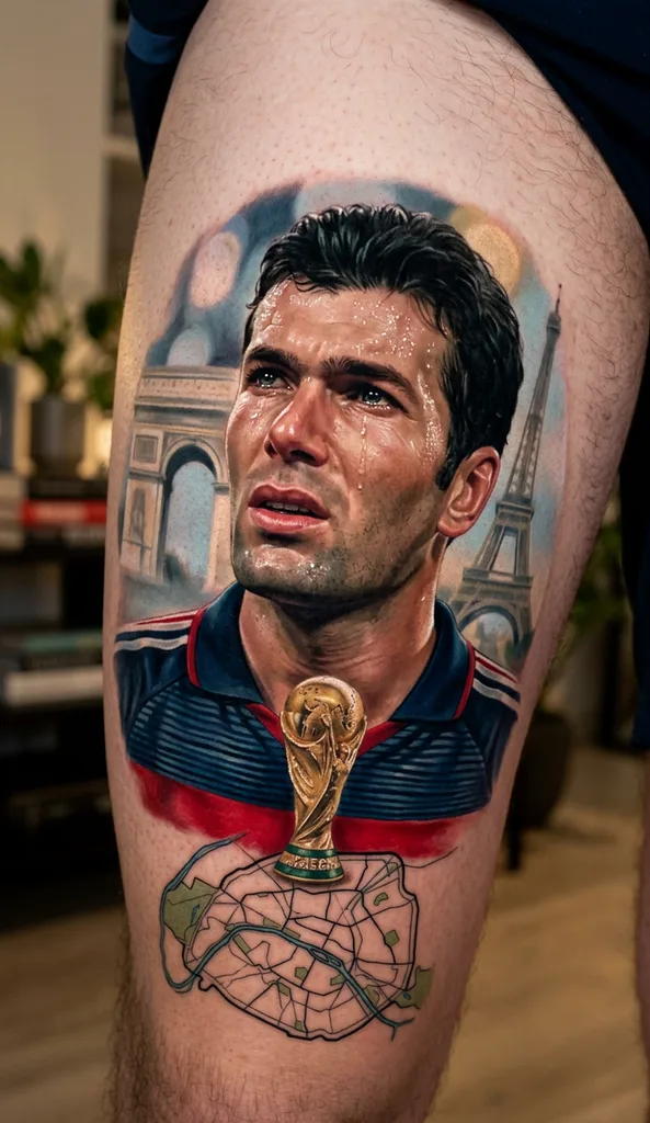 Man portrait tattoo design for men, realism style, on the thigh, of a man's portrait with cityscape elements and a golden trophy below