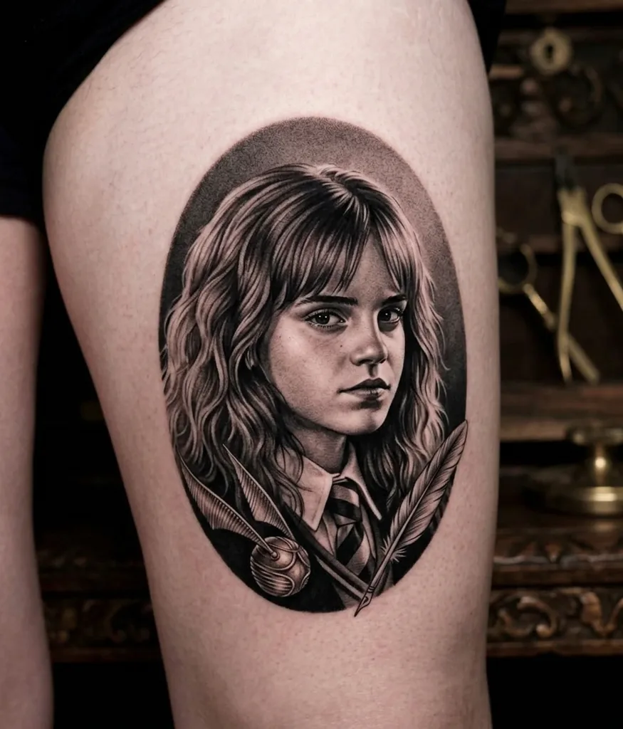 Young woman tattoo design for men, realism style, on the thigh, in an oval frame with feathers and a snitch, in black and grey