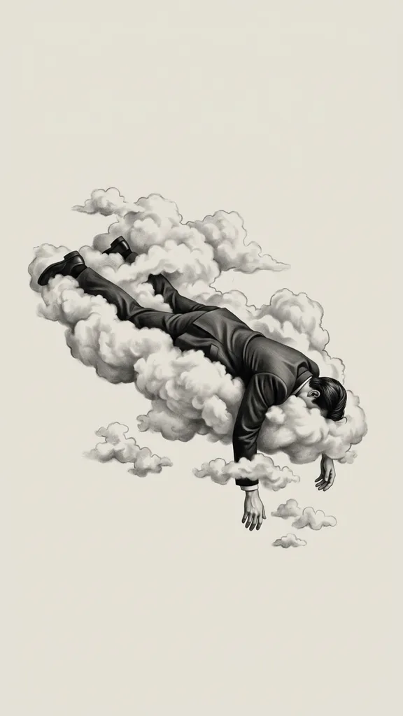 Man tattoo design, surrealism style, large size for the full back, full sleeve or thigh, floating on his back in a dreamlike cloud, with arms and legs dangling