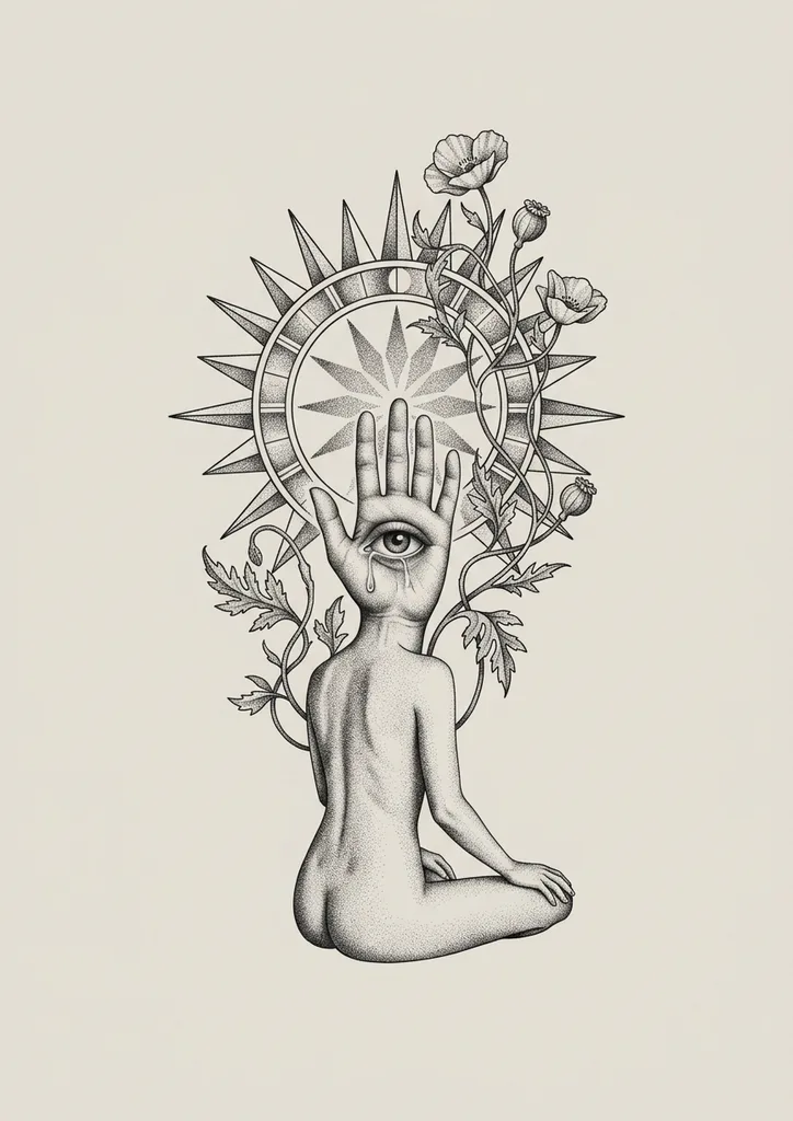 surrealism-large-unisex-naked-figure-37a Naked figure tattoo design, surrealism style, large size for the full back, thigh or calf, a naked figure sitting with a hand over its face with an eye, with a compass and poppies in the background