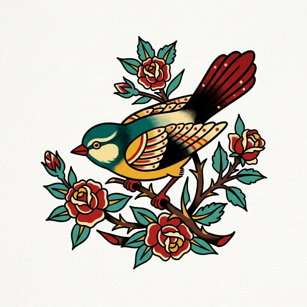 traditional-medium-unisex-bird-01a Bird tattoo design, traditional style, medium size for the forearm, shoulder or calf, perched on a thorny branch with red roses and green leaves