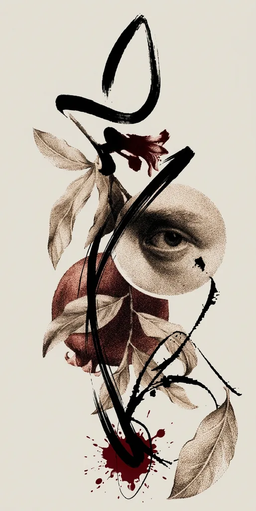 trash-polka-large-unisex-pomegranate-eye-39a Pomegranate eye tattoo design, trash polka style, large size for the half sleeve, thigh or calf, with a human eye and black brushstrokes, and red splatters