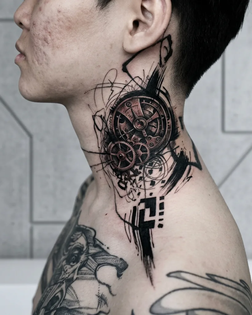 Clock mechanism tattoo design for men, trash polka style, on the neck, with gears and black brushstrokes