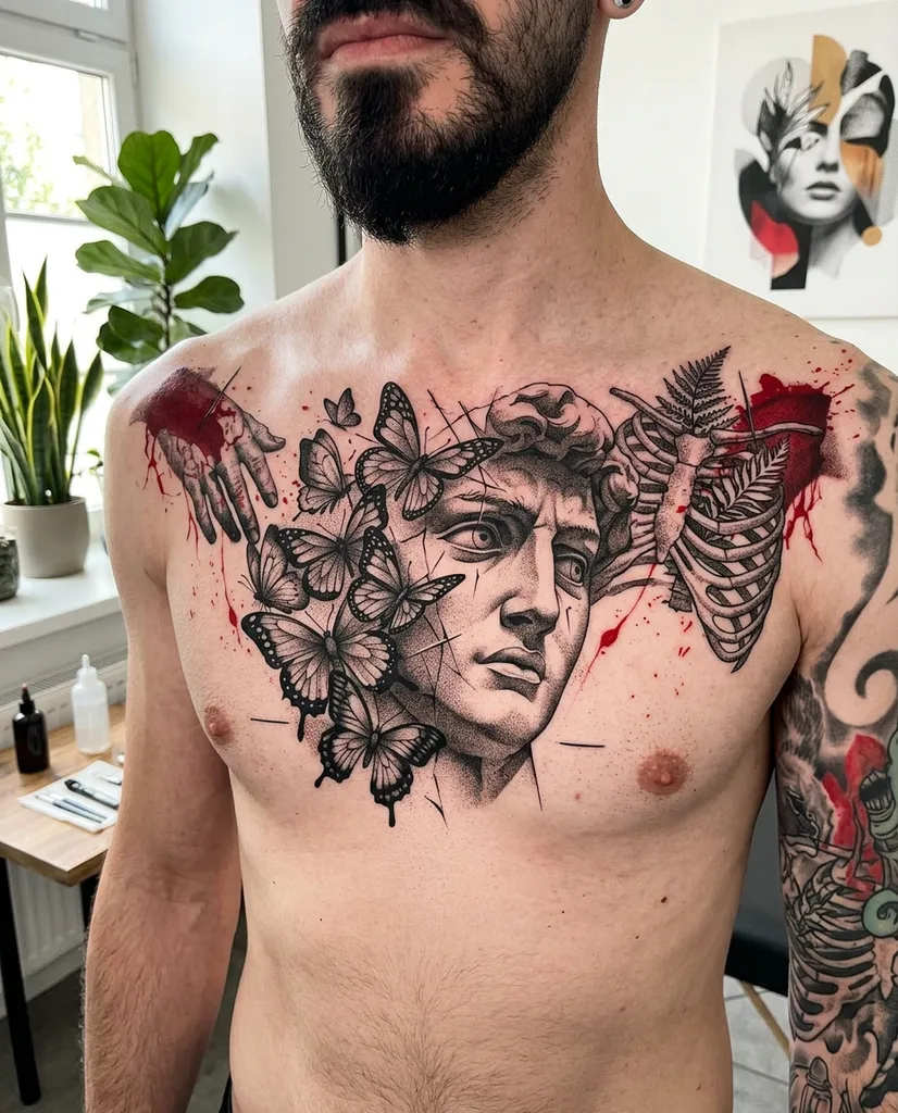 Stone bust tattoo design for men, trash polka style, on the sternum, of a classical sculpture with butterflies, a human hand, and a ribcage, with red splatter effects