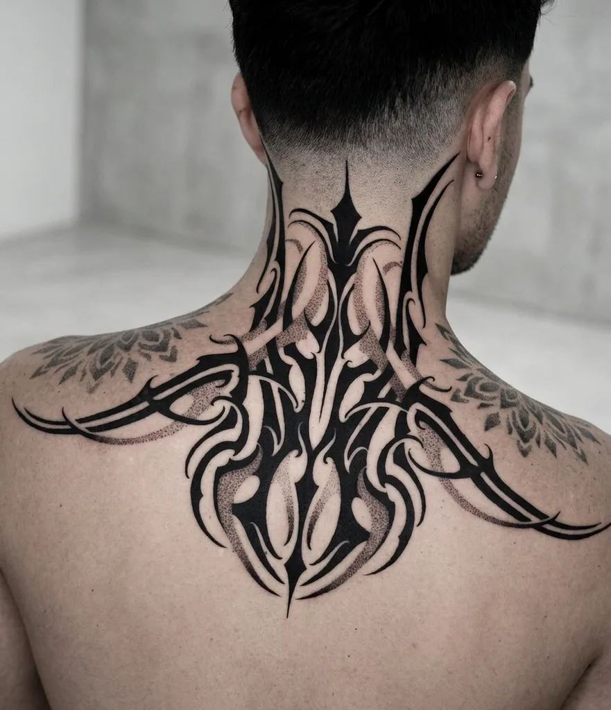 Tribal abstract tattoo design for men, tribal style, on the neck, with sharp points and swirling lines, featuring dotwork shading
