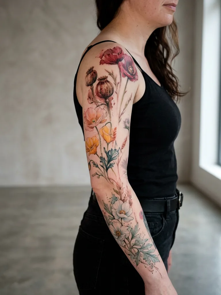 Flowers tattoo design for women, watercolor style, on the half sleeve, colorful poppies and other wild flowers with painterly splashes