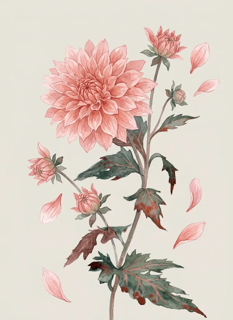 watercolor-large-women-dahlia-flower-09a Dahlia flower tattoo design for women, watercolor style, large size for the calf, thigh or rib, a large pink dahlia with closed buds and falling petals, in soft green and brown