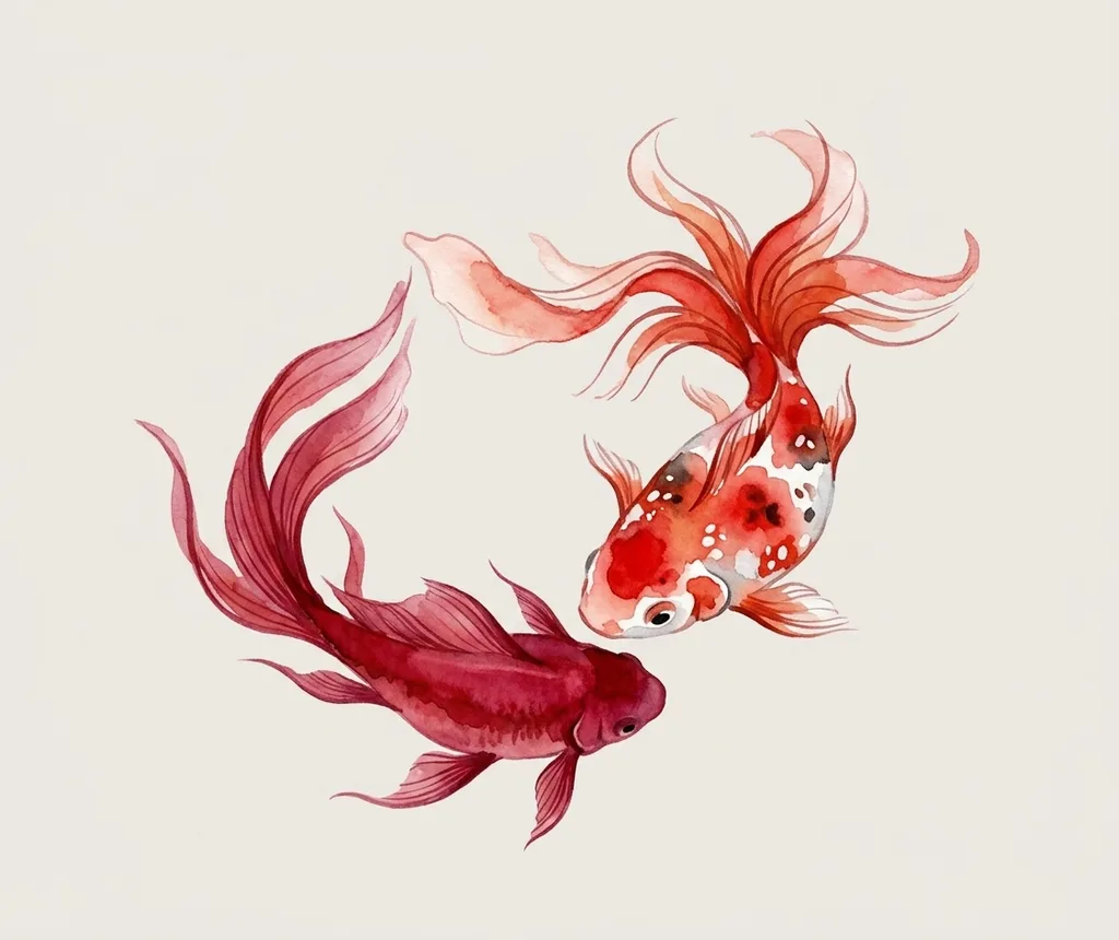 watercolor-medium-unisex-koi-fish-01a Koi fish tattoo design, watercolor style, medium size for the forearm, calf or rib, two koi fish, one red and one orange and white, in a circular composition