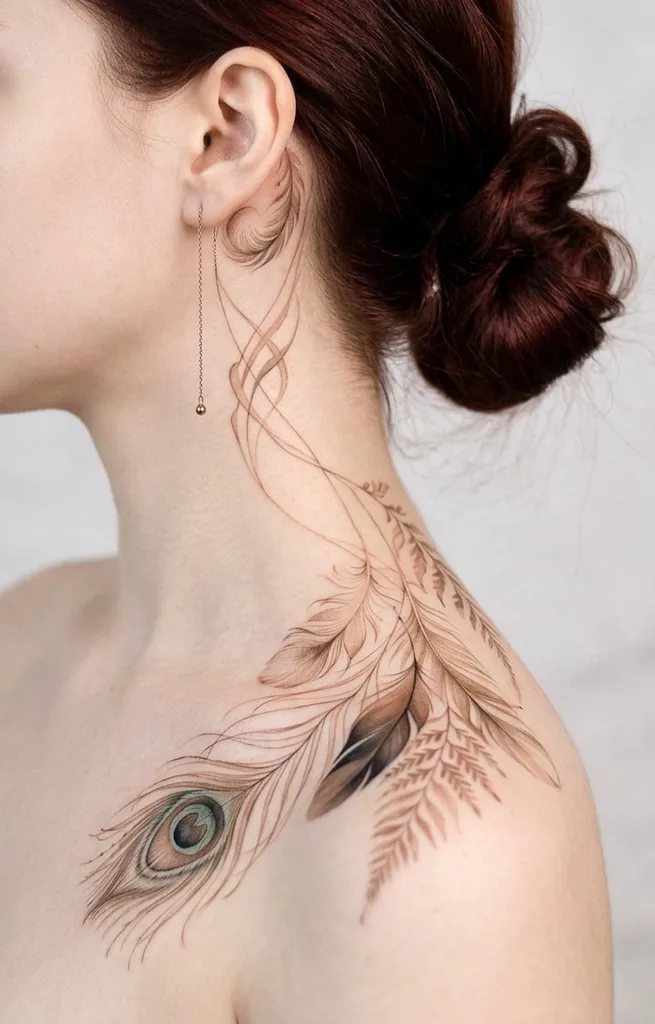 Feathers tattoo design for women, watercolor style, on the neck, of a peacock feather with fern leaves and wispy lines