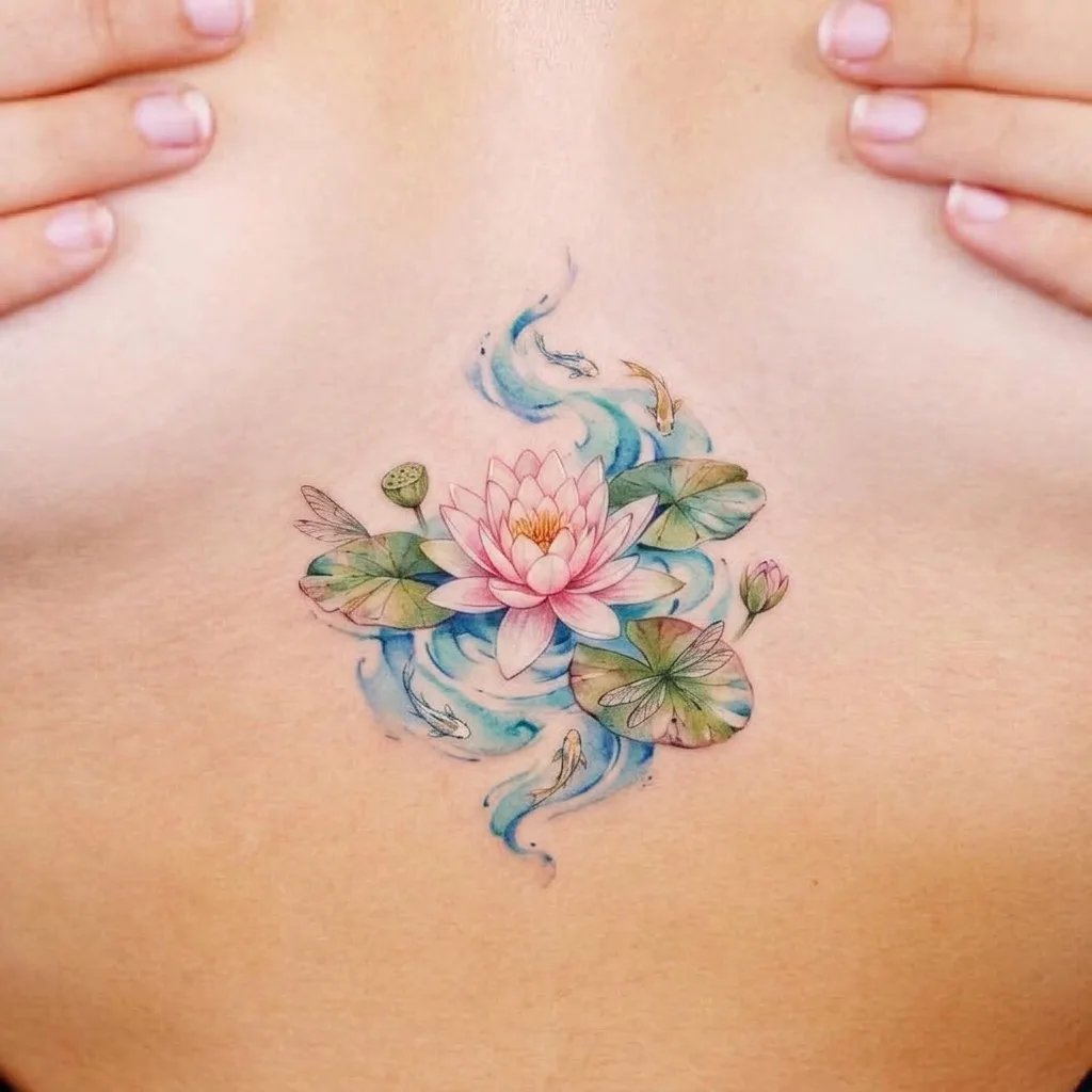 Lotus flower tattoo design for women, watercolor style, on the sternum, with lily pads and fish swimming in blue water